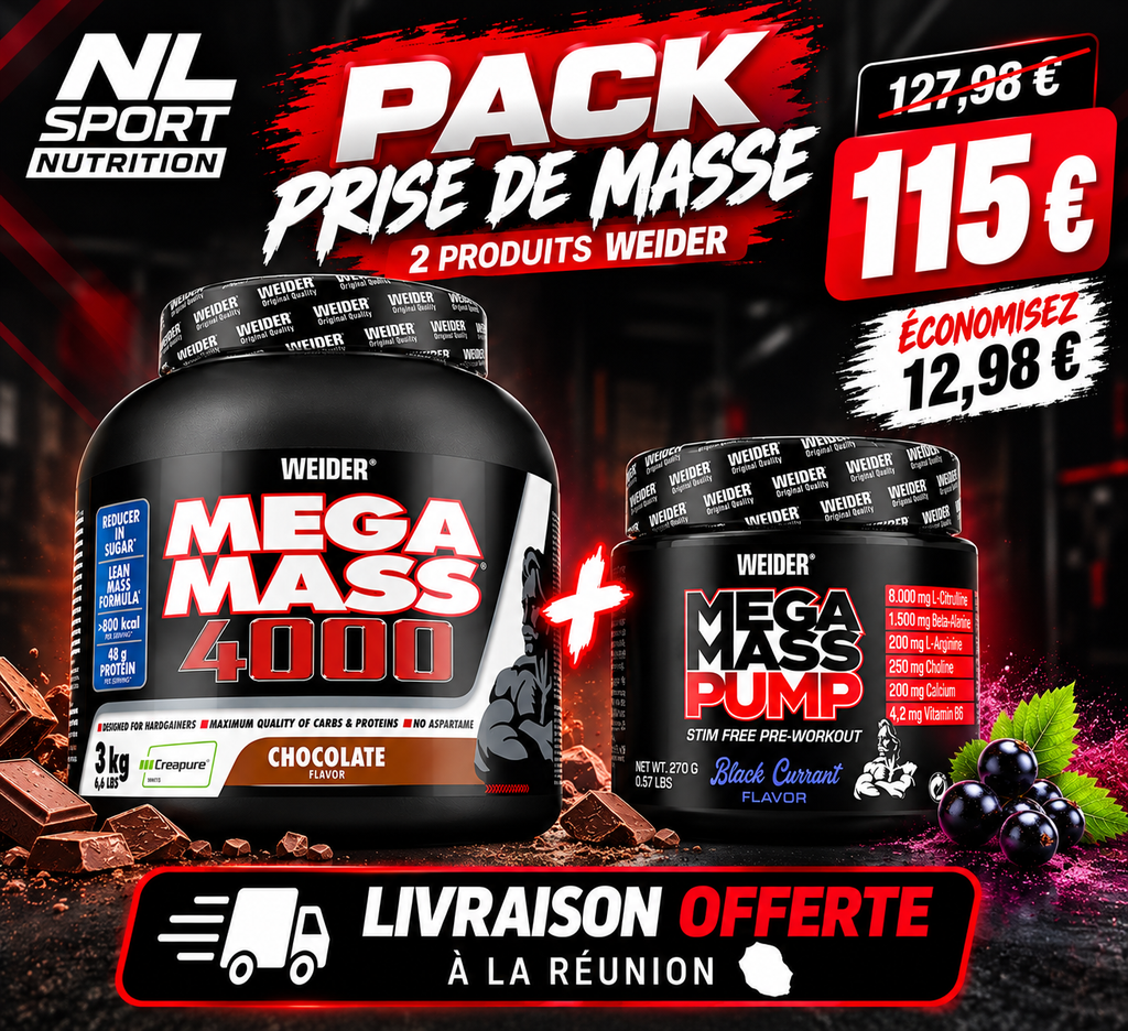 Pack Prise de Masse Weider – Mega Mass 4000 3 kg + Mega Mass Pump 270 g