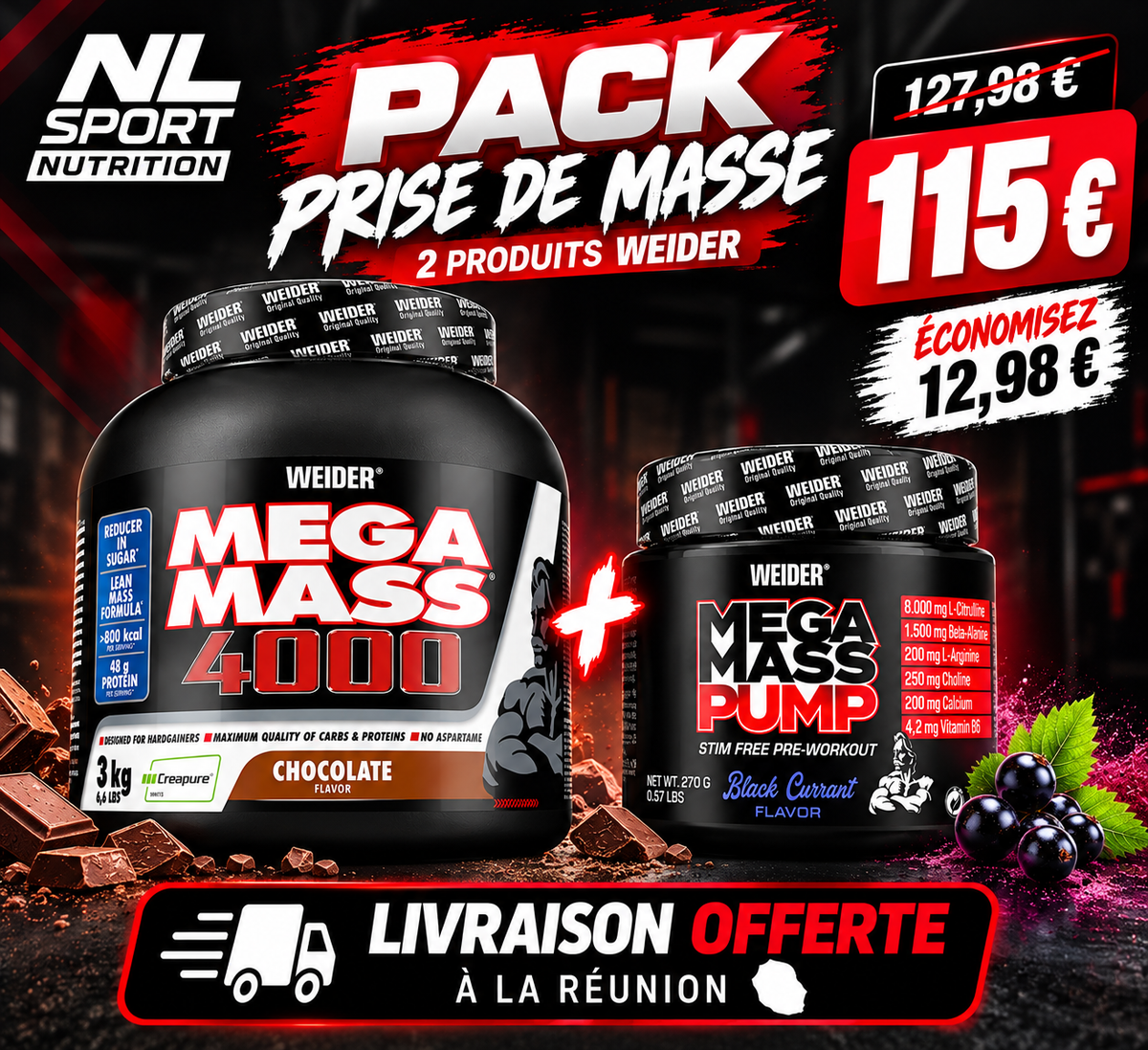 Pack Prise de Masse Weider – Mega Mass 4000 3 kg + Mega Mass Pump 270 g